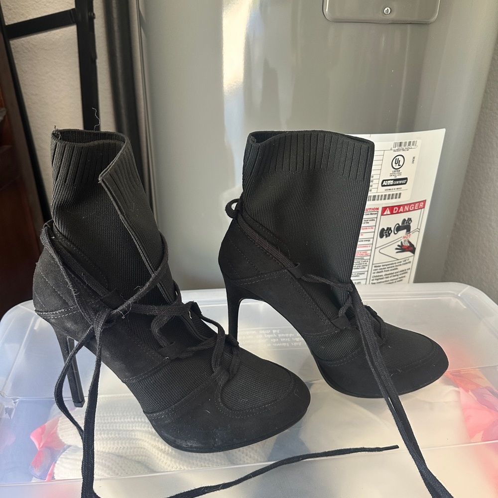 Black Women's sock tied ankle heel Boots